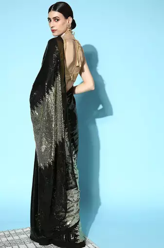black black & golden embellished sequinned saree