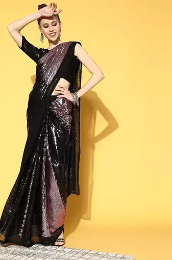 black embellished saree with solid border
