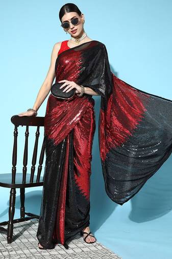black black & maroon embellished sequinned saree