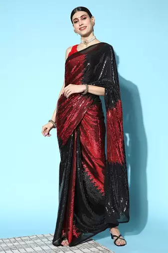 black black & maroon embellished sequinned saree