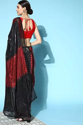 black black & maroon embellished sequinned saree