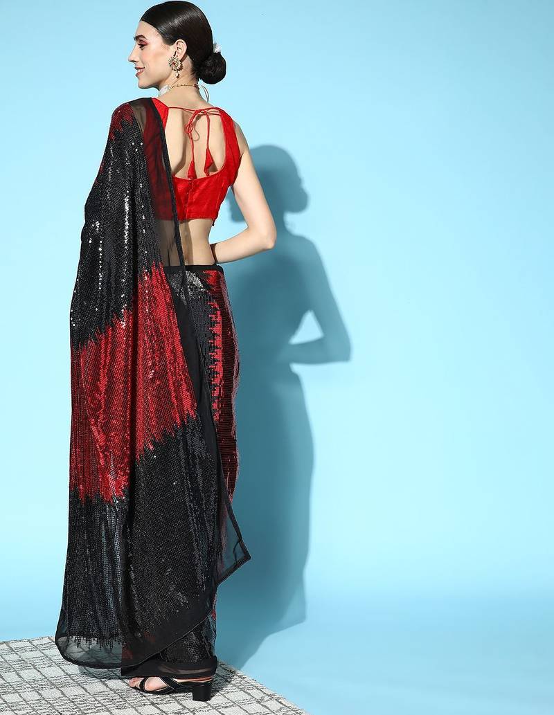 black black & maroon embellished sequinned saree