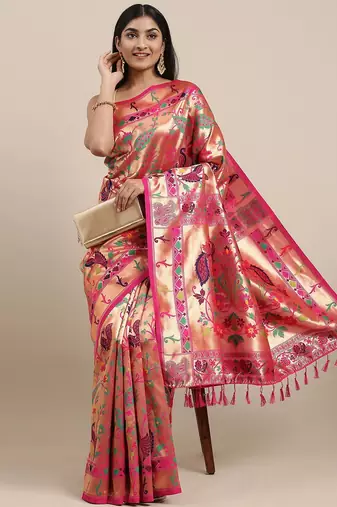 pink pink & gold-toned floral zari silk blend paithani saree