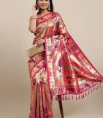 pink pink & gold-toned floral zari silk blend paithani saree