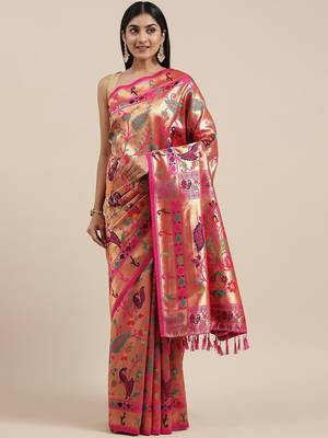 pink pink & gold-toned floral zari silk blend paithani saree 2
