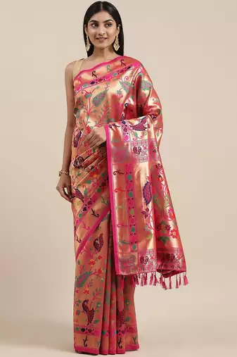 pink pink & gold-toned floral zari silk blend paithani saree