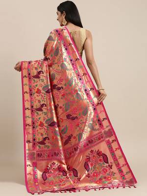 pink pink & gold-toned floral zari silk blend paithani saree 3