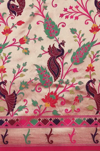 pink pink & gold-toned floral zari silk blend paithani saree