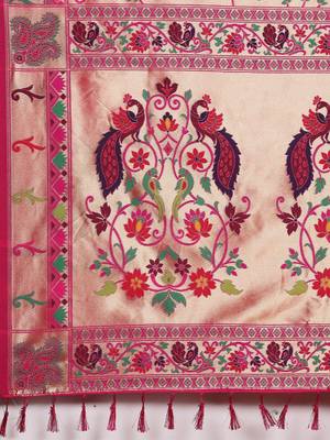 pink pink & gold-toned floral zari silk blend paithani saree 5