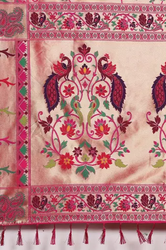 pink pink & gold-toned floral zari silk blend paithani saree