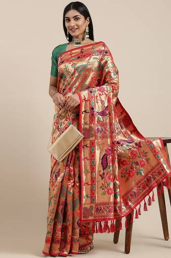 red red & gold-toned floral zari silk blend paithani saree