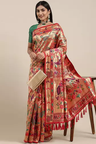 red red & gold-toned floral zari silk blend paithani saree