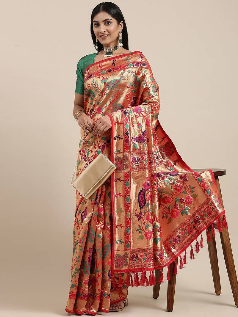 red red & gold-toned floral zari silk blend paithani saree