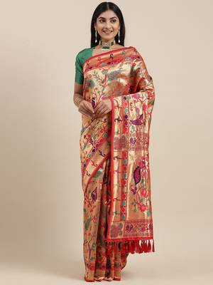 red red & gold-toned floral zari silk blend paithani saree 2