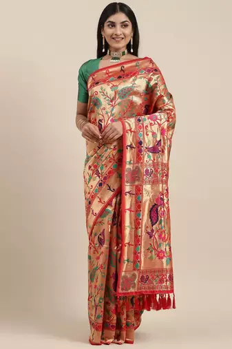 red red & gold-toned floral zari silk blend paithani saree