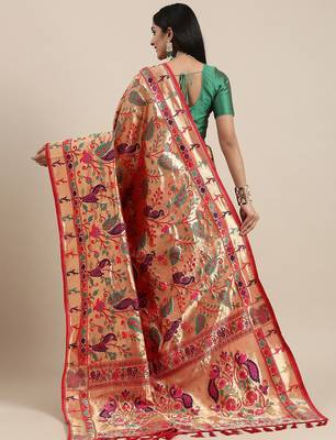 red red & gold-toned floral zari silk blend paithani saree 3