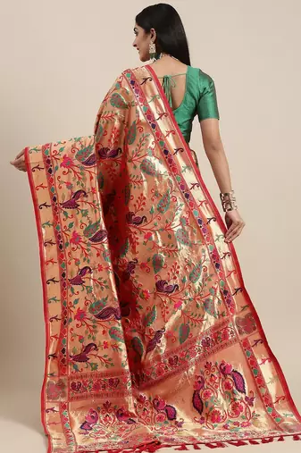 red red & gold-toned floral zari silk blend paithani saree