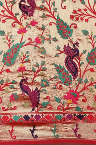 red red & gold-toned floral zari silk blend paithani saree