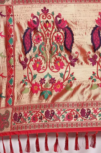 red red & gold-toned floral zari silk blend paithani saree