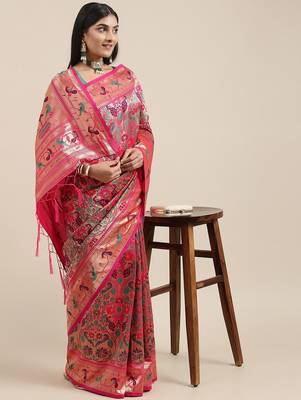 pink pink & gold-toned floral zari silk blend paithani saree 1