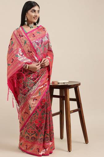 pink pink & gold-toned floral zari silk blend paithani saree