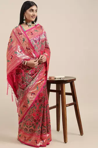 pink pink & gold-toned floral zari silk blend paithani saree