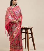 pink pink & gold-toned floral zari silk blend paithani saree