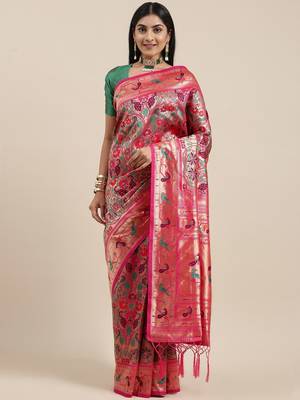 pink pink & gold-toned floral zari silk blend paithani saree 2