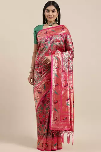 pink pink & gold-toned floral zari silk blend paithani saree