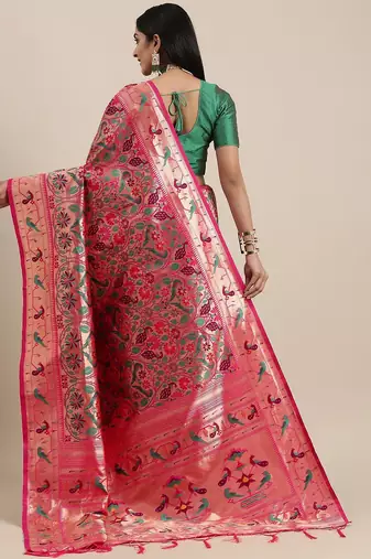 pink pink & gold-toned floral zari silk blend paithani saree