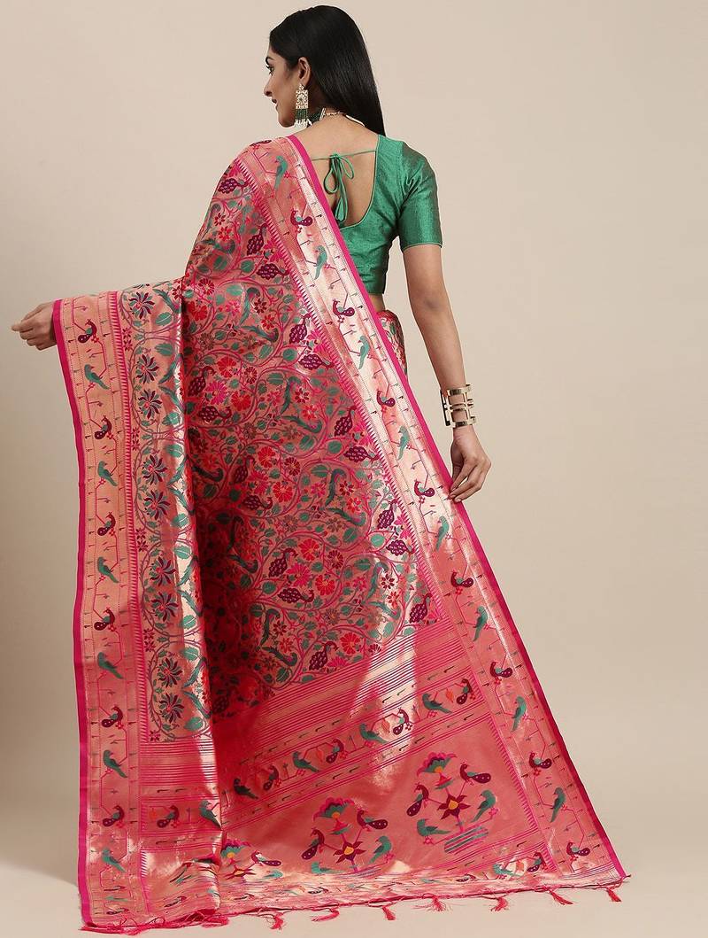 pink pink & gold-toned floral zari silk blend paithani saree