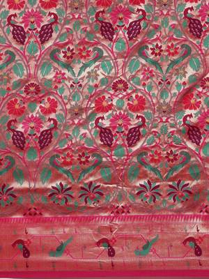 pink pink & gold-toned floral zari silk blend paithani saree 4