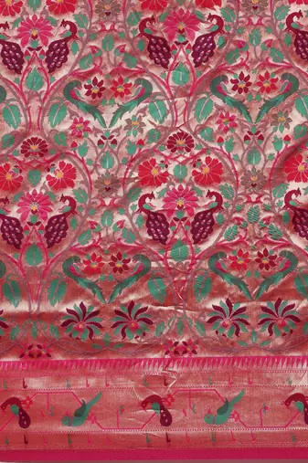 pink pink & gold-toned floral zari silk blend paithani saree
