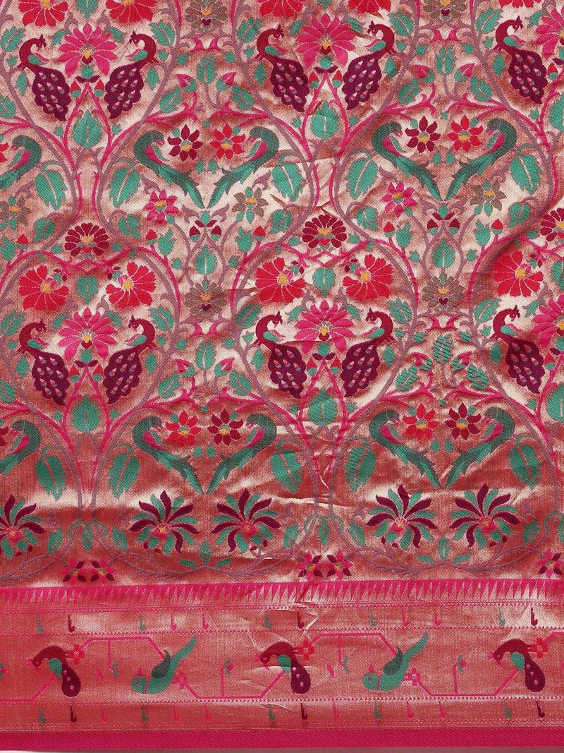 pink pink & gold-toned floral zari silk blend paithani saree