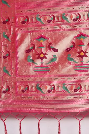 pink pink & gold-toned floral zari silk blend paithani saree