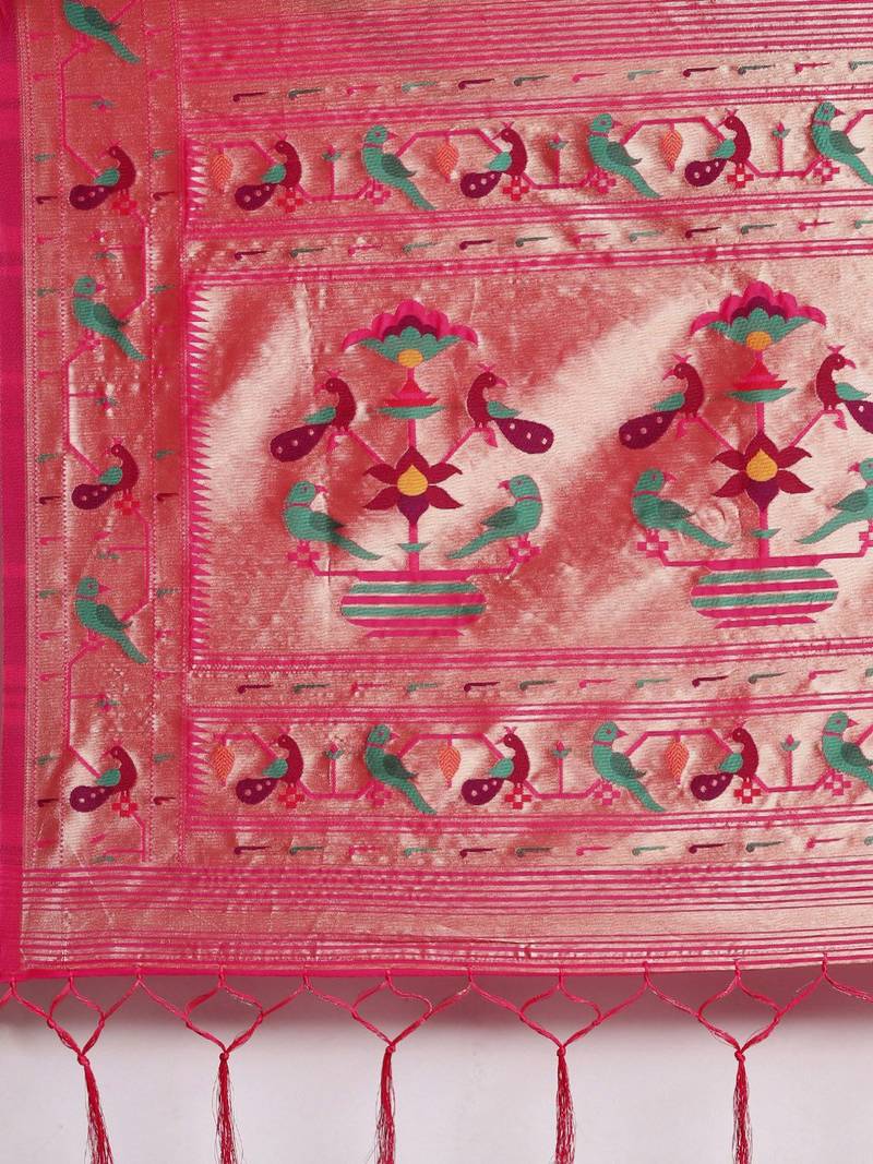 pink pink & gold-toned floral zari silk blend paithani saree