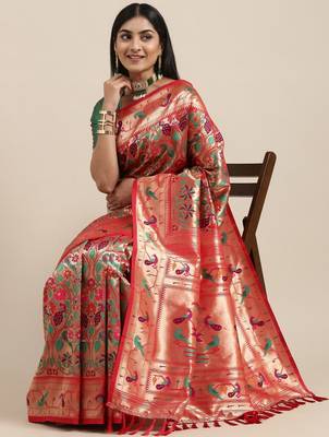 red red & gold-toned floral zari silk blend paithani saree 1
