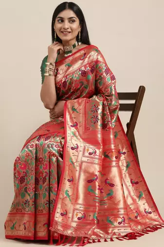 red red & gold-toned floral zari silk blend paithani saree