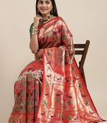 red red & gold-toned floral zari silk blend paithani saree