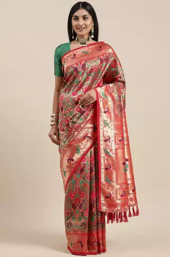 red red & gold-toned floral zari silk blend paithani saree