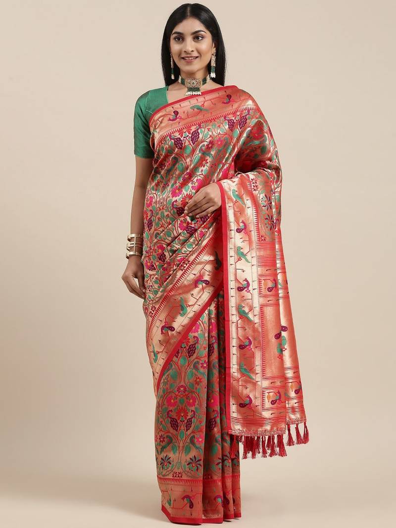 red red & gold-toned floral zari silk blend paithani saree