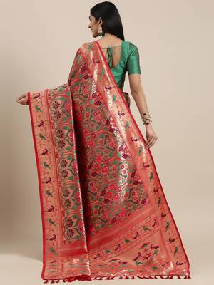 red red & gold-toned floral zari silk blend paithani saree 3