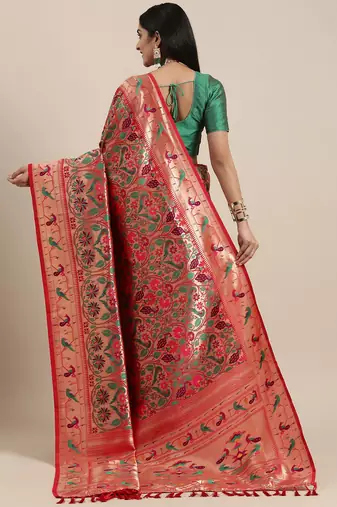 red red & gold-toned floral zari silk blend paithani saree