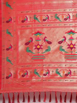 red red & gold-toned floral zari silk blend paithani saree 5
