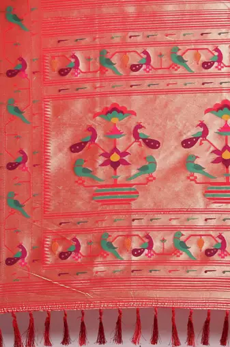 red red & gold-toned floral zari silk blend paithani saree