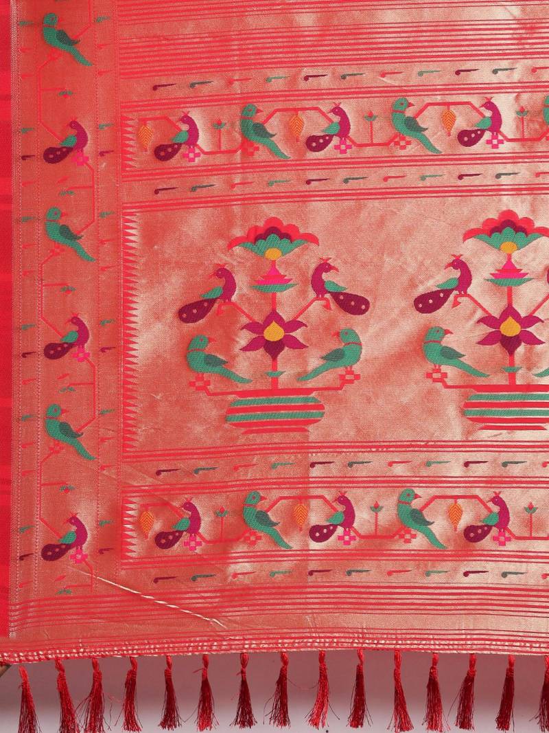 red red & gold-toned floral zari silk blend paithani saree