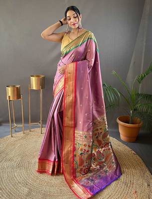 pink pink & green ethnic motifs woven designed zari paithani saree 1