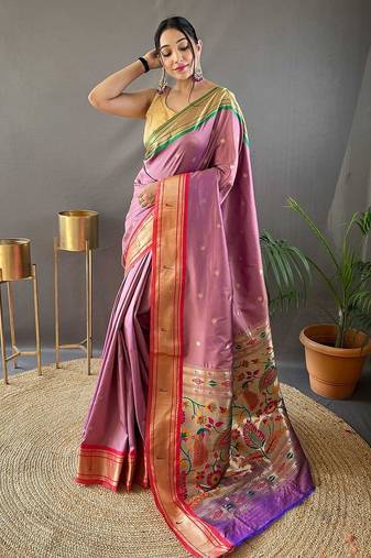 pink pink & green ethnic motifs woven designed zari paithani saree
