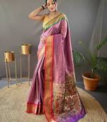 pink pink & green ethnic motifs woven designed zari paithani saree