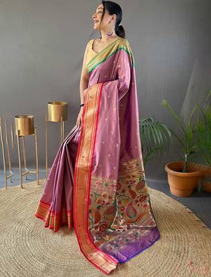pink pink & green ethnic motifs woven designed zari paithani saree 2